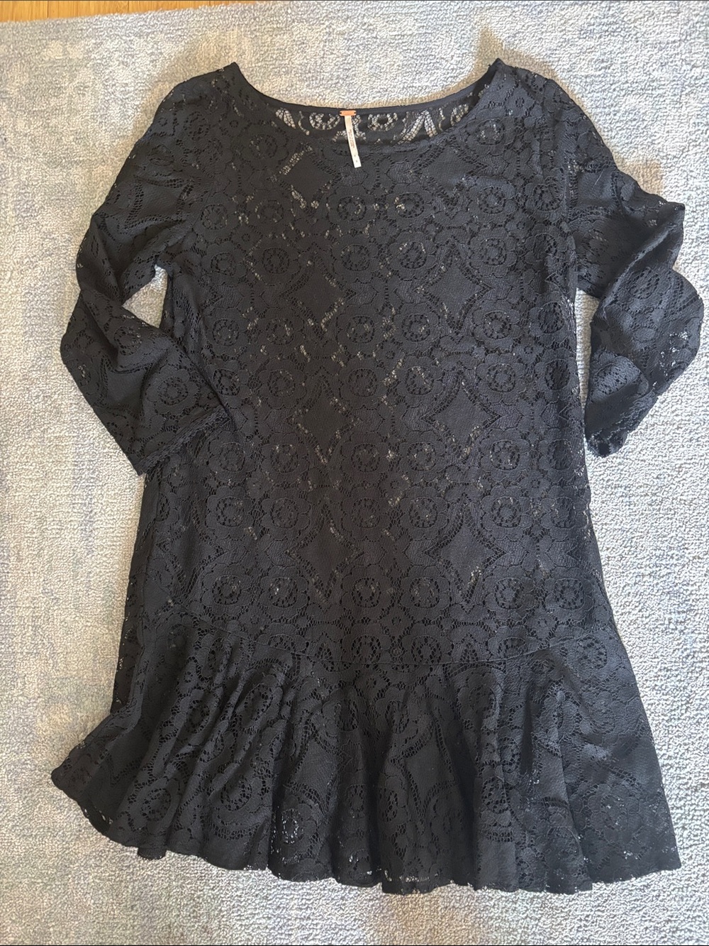 Free People Black Floral Lace Dress with Flounced Hem Size 8